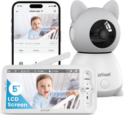 Baby monitor with a smartphone displaying the baby monitor's interface, featuring a 5-inch LCD screen and ioGeek branding.