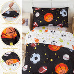 PERFEMET Sports Theme Toddler Boys Bedding Set 4 Pieces Basketball Football Printed Toddler Comforter Set Reversible Design Ball Games Bed in A Bag (Black, Toddler)