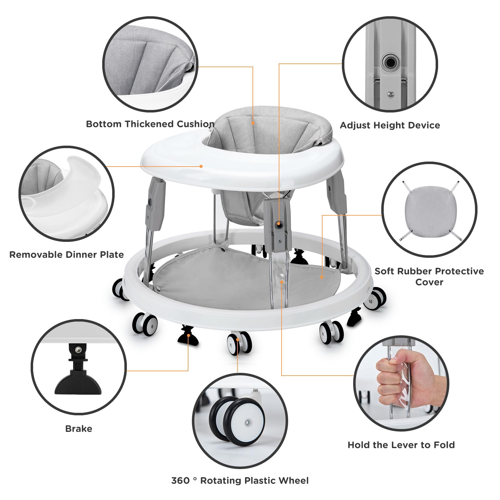 Baby Walker with Wheels, One-Touch Folding Portable Baby Walkers with Height Adjustment, Large Dinner Plate and Brake, Walker for Baby Boy Girls 6-18 Months, Gray