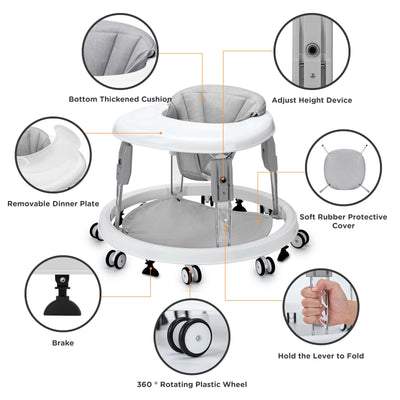 Baby Walker with Wheels, One-Touch Folding Portable Baby Walkers with Height Adjustment, Large Dinner Plate and Brake, Walker for Baby Boy Girls 6-18 Months, Gray