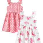 PATPAT 2 Pack Girls Ruffle Sleeve A-Line Dresses, Soft Breathable Spring Summer Sundress Set, Pink Rose Print, 5–6 Years