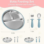 Baby Feeding Set| 2 Pack Stainless Steel Divided Suction Plate, 2 Set Toddler Spoons & Forks|BPA&LFree, Baby Led Weaning Supplies for Toddler Utensils Baby Feeding Essentials,grey blue