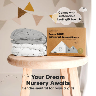 2-pk Waterproof Bassinet Sheets Girls, Boys, Cotton - 33x17 Universal Bassinet Mattress Pad Protector Cover, Compatible with Graco,Baby Delight,Chicco,Halo Bassinest Swivel Sleeper Fitted (Woodland)