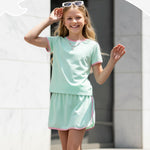 PATPAT Girls 2 Piece Outfits Size 7-8 Years, Green Pink Color Block Tshirts and Skorts Clothing Sets, Girls Summer Outfits, Trendy Clothes Skirt Sets Summer Clothes Lounge Sets