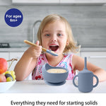 Silicone Baby Feeding Set 14 Pcs,Baby Led Weaning Supplies, Baby Spoons Suction Bowl Divided Plate Bib Cup Finger Brush,First Stage Solid Food Eating Utensils - 6+ Months(Blue Gray)