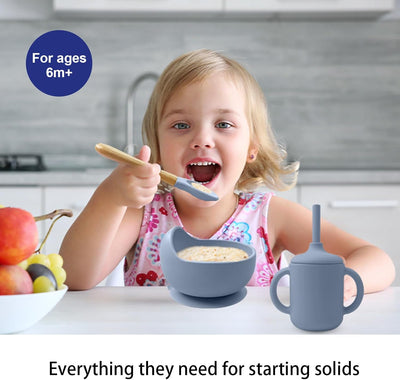 Silicone Baby Feeding Set 14 Pcs,Baby Led Weaning Supplies, Baby Spoons Suction Bowl Divided Plate Bib Cup Finger Brush,First Stage Solid Food Eating Utensils - 6+ Months(Blue Gray)