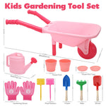 CUTE STONE Kids Gardening Tool Set, Pink Wheelbarrow with Garden Toys with Watering Can, Gloves, Hand Rake, Shovel, Trowel, Outdoor/Indoor Pretend Play Toys for Toddlers Boys Girls Age 3+