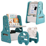 Tiita Kids Table and Chair Set, 3 in 1 Convertible Art Easel & Display Bookshelf w/Magnetic Painting Board, Bottom Storage Shelf, Children Activity Table Set for Drawing Reading, Blue