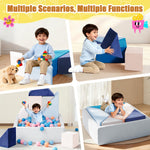 Tangram Puzzles modular kids play couch building fort, Children explorer sofa with Ball Pit, Kids playroom convertible furniture for Inspiring Child Creativity, Made entirely of sponge (Blue Series)