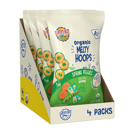 Packaging of Earth's Best Organic Melty Hoops Spring Veggies snack with visible branding.