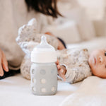Lifefactory 8-Ounce Wide Neck Glass Baby Bottle with Protective Silicone Sleeve and Stage 2 Nipple, Stone Grey (LG2211WCG4)