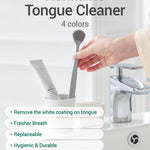 DEARCUS Tongue Scraper with 3 Replaceable Heads for Up to 9 Months - Soft BPA-Free TPE Tongue Cleaner, Designed to Reduce Gag Reflex, Helps Freshen Breath & Remove White Coating (White)