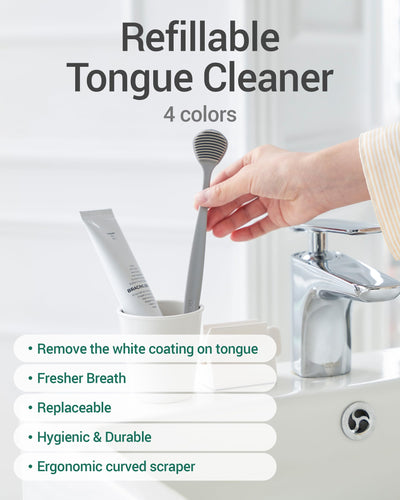 DEARCUS Tongue Scraper with 3 Replaceable Heads for Up to 9 Months - Soft BPA-Free TPE Tongue Cleaner, Designed to Reduce Gag Reflex, Helps Freshen Breath & Remove White Coating (White)