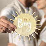 Double Sided Sun Gender Reveal Sign, Boho Sun Baby Boy or Girl Pregnancy Birth Announcement Wooden Sign, It's A Boy Girl Photo Prop, New Mom Gift, Sun Baby Shower Hospital Nursery Sign