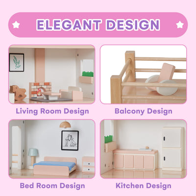 Jewelkeeper 2 Storey Dollhouse Wooden - Kids Pretend Play Dream House - Wooden Dollhouse for Girls - Large Wood Doll Houses Playset Gift for Girl Ages 3 and Up -15.7x19.6 inch