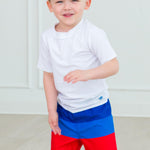 RUGGEDBUTTS Boys UPF50+ Sun Protection Striped Color Block Swim Trunks - Liberty Color Block, 3T