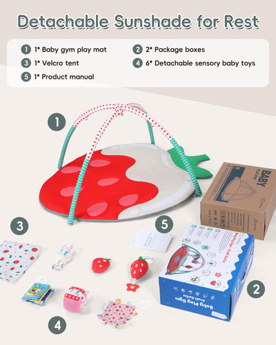 Heypappy Tummy Time Mat, 9-in-1 Strawberry Baby Play Gym Mat, Oversize Baby Play Activity Mat with Sunshade & 6 Detachable Sensory Toys, Washable Non-Slip Mat for Newborn Infant Baby Essentials Gift