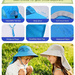 Rosoz Kids Sun Hat with Neck Flap UV Protection Summer Toddler Beach Hat Unisex Ponytail Hat Wide Brim Fishing Hat-Blue