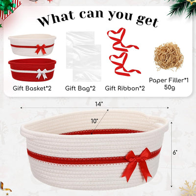2 Packs Small Woven Basket with Bow and Handle 14 x 10 x 5.5 Inches Gift Basket with Raffia Paper Fill for Christmas Wedding Nursery Birthday Baby Shower Party Favor (Red and White)