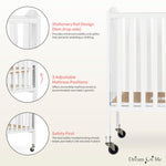 Dream On Me Folding Full-Size Convenience Baby Crib in White, GreenGuard Gold & BSA, Portable, Patented Quick Folding System, Strong Wheels, 2 Adjustable Mattress Heights