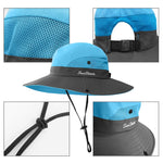 2 Pieces 5-14Y Kids Summer Sun Hat Wide Brim UV Protection for Girls Ponytail Beach Bucket Cap (Purple＆Sky Blue)