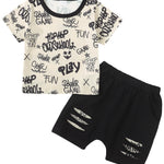 Kucnuzki Apricot Cotton Blend 18-24 Months Boy Outfit, Breathable Short Sleeve Graphic Tees Tops & Shorts Set, Summer Outfits for Toddler Boys
