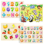GRINNNIE Wooden Peg Puzzle for Toddlers 3 4 5 Years Old, 4 PCS Montessori Educational Learning Puzzles Set-Numbers, Letters, Animals and Fruits, Great Preschool Gifts for Girls and Boys