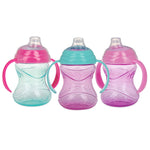 Three colorful sippy cups with handles on a white background
