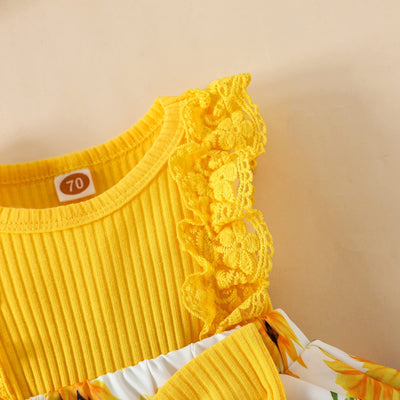 KAFIREN Baby Girl Clothes 3-6 Months Newborn Romper Dress Infant Lace Ruffle Sleeveless Summer Outfits with Headband Yellow Flower 3-6 Months 80cm