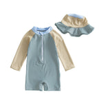 Nibbcoa Toddler Baby Boys Seersucker Long Sleeve One Piece Rash Guard Swimsuit Zipper Bathing Suit Swimwear with Hat (Khaki Blue, 12-18 Months)
