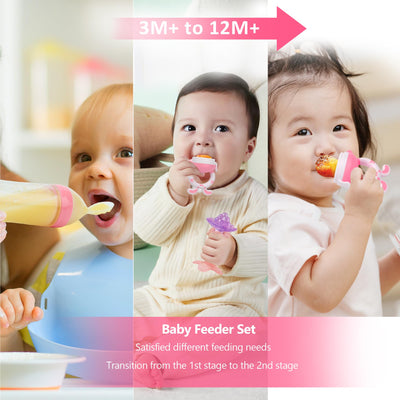 Collage of three babies using a baby feeder set with text indicating age range and product features.
