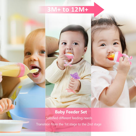Collage of three babies using a baby feeder set with text indicating age range and product features.