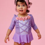 RuffleButts Baby Girls UPF50+ Princess Dress-Up Long Sleeve One Piece Swimsuit - Amethyst Princess, 12-18 Months