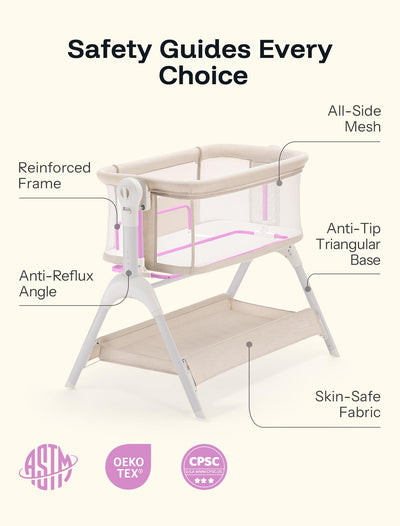HARPPA Cuddly Baby Bassinet Bedside Sleeper, 3 in 1 Rocking Bassinet with Mattress and Soft Cover, Full Mesh Sides, 5 Height Adjustable with Wheels for Newborns, Beige
