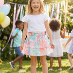 Girls' Floral Skirt Elastic Waistband Cotton Tiered Skirt with Built-in Shorts D-Pink