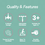 Dribbl 3-Wheel Kids Scooter - Lean-to-Steer Technology, Adjustable Height Handlebar, Wide Anti-Slip Deck, Scooter for Boys & Girls Ages 3+, Child Safety Approved, Support Riders Up to 165 lbs, Candy