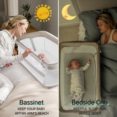 Cowiewie Bassinet Bedside Sleeper,Baby Bassinet Slides Over Bed,5-Position Height Adjustment & Breathable All-Mesh Wall Bedside Bassinet for Baby,Space-Saving Bedside Crib, Height(37.4-41.3"), Beige
