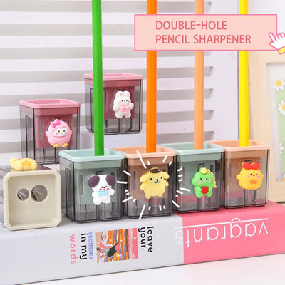 2 Pieces Creative Cute Cartoon Double-Hole Pencil Sharpener 2pcs Creative Cute Cartoon Double Hole Pencil Sharpener, Student Hand Pencil Sharpener, Green Dinosaur + White Rabbit (2)