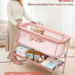 JevrJeur Baby Bassinet, Bedside Bassinet for Baby, Bassinet Bedside Sleeper with Mattress, Storage Basket and 4 Auto-Lock Wheels, Full-Mesh Sides, Bedside Mini Crib for Newborn (Pink)