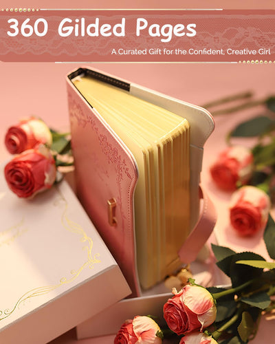 Hoci Poci Diary with Lock and Keys for Girls Gift Ideas, 360 Gold Edged Pages Journal for Women, B6 Refillable Notebook for Writing with Pen and Bookmark (Garden Pink)