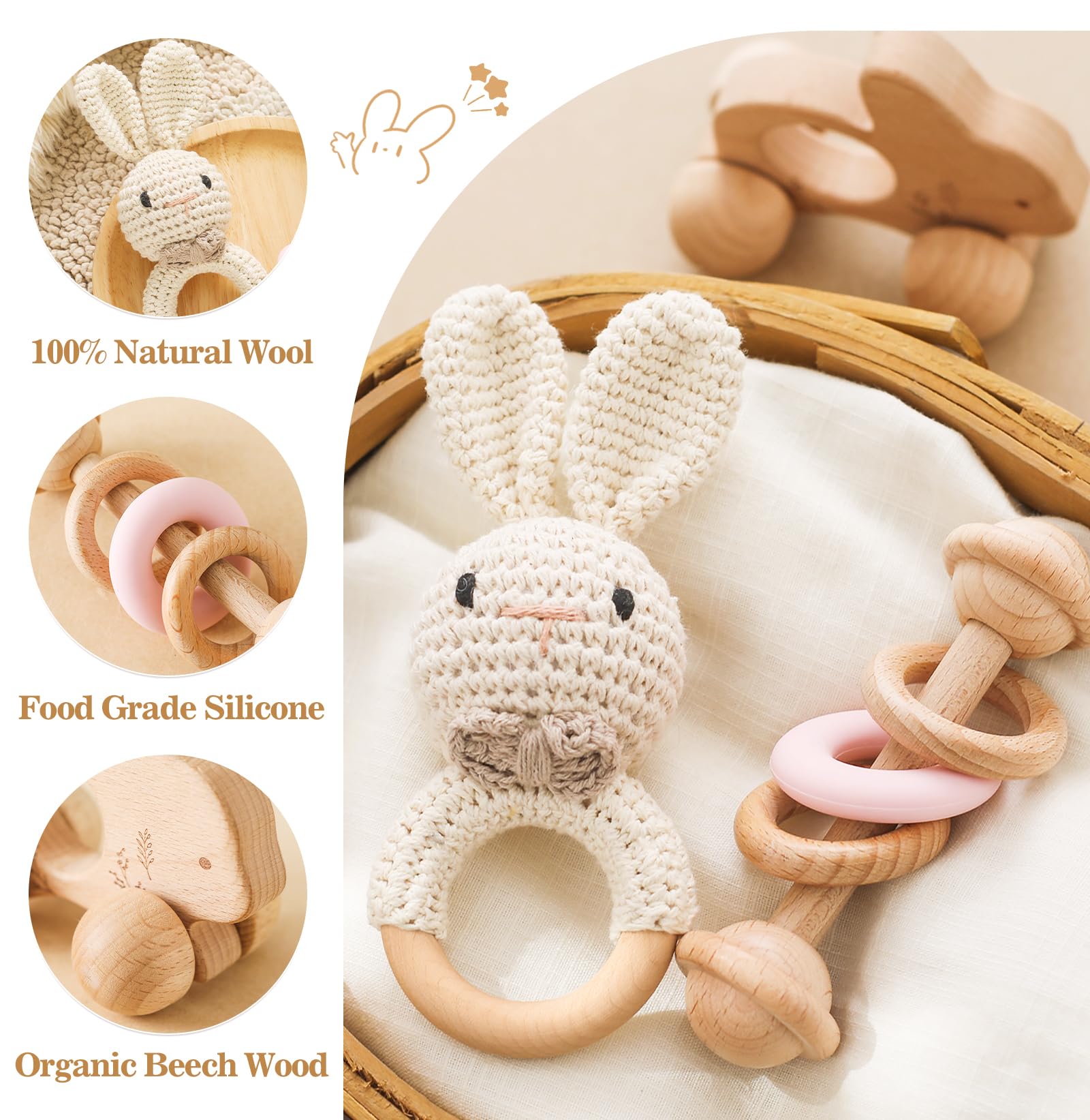 let's make Wooden Baby Rattle 3 PCS Push Car Rattle Set Crochet Rattle Ring Wooden Montessori Toy for Newborn Infant Baby Gifts (Rabbit Rattle)