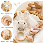 let's make Wooden Baby Rattle 3 PCS Push Car Rattle Set Crochet Rattle Ring Wooden Montessori Toy for Newborn Infant Baby Gifts (Rabbit Rattle)