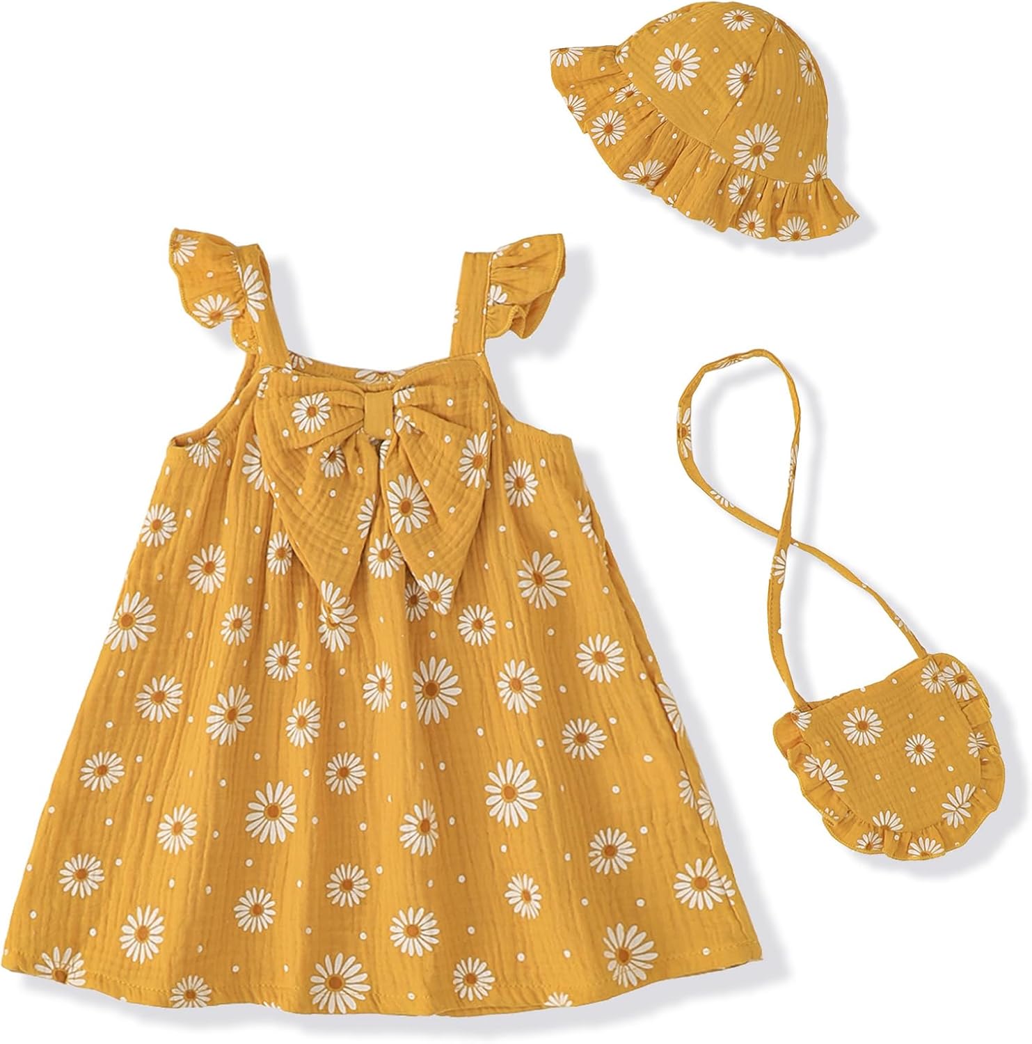 Renotemy Infant Baby Girl Dresses Summer Outfits Casual Cotton Linen Sundress with Hat Toddler Clothes for Girls 3Months-3T