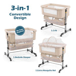 nordmiex 3in1 Bedside Crib for Girl or Boy, Bedside Sleeper for Baby Portable and Adjustable Crib with Mosquito net for Newborn Baby,Deep Khaki