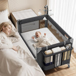 GAIVE 4 in 1 Baby Bassinet, One-Push Setup Pack and Play, Bedside Crib Sleeper with 3 Height Adjustable，Diaper Changer, Come with Comfy Mattress, Rotating Toy Bar, from Infants to Toddlers (Black)
