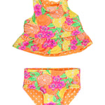 RuffleButts Baby/Toddler Girls UPF50+ Sun Protected Reversible Peplum 2 Piece Sleeveless Tankini - Neon Squeeze The Day, 2T
