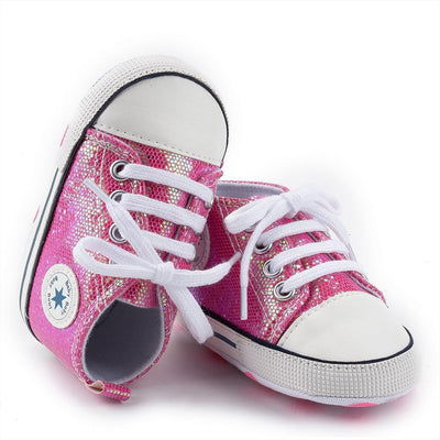 KKIIDDSS Unisex Baby Girls Boys Canvas High-top Shoes, Newborn Infant Anti-Slip Soft Sole Frist Walking Sneakers (B01/Sequin Rose Red, 12-18 Months)