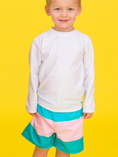 RUGGEDBUTTS Boys UPF50+ Sun Protection Striped Color Block Swim Trunks - Neon Pool Party Color Block, 2T