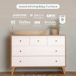 dadada Austin 5-Drawer Dresser for Nursery and Bedroom - Modern Design, Large Storage, Baby-Safe Finish, Anti-Tip Safety, Solid Wood Feet, Durable Construction (White + Red Oak)