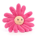 Pink plush flower toy with a smiling face on a white background